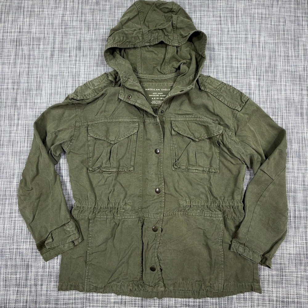 American Eagle Women Utility Jacket Olive Green Lyocell Hooded Drawstring XS